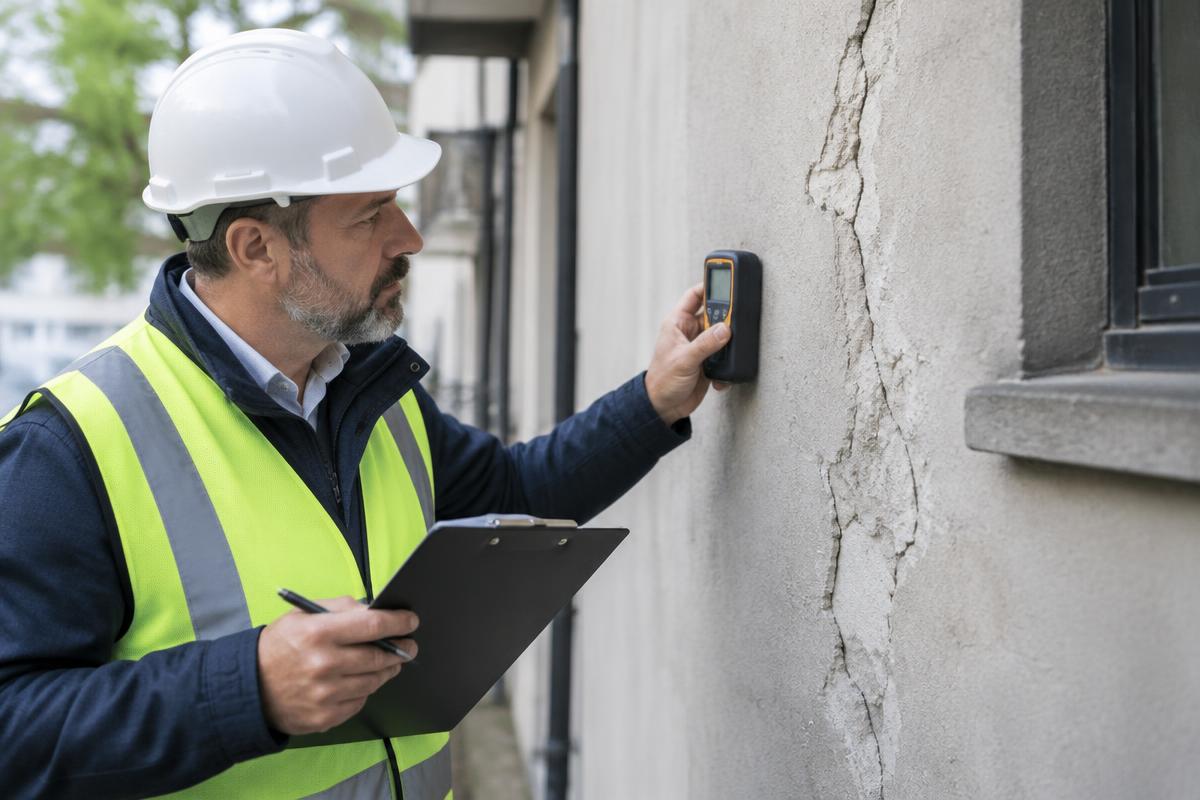 Engenheiro realizando inspeção técnica em parede de edificação